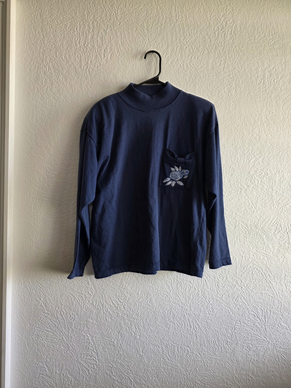 Coquette Cottagecore Navy Mock Neck Long-Sleeve Top with Embroidered Pocket